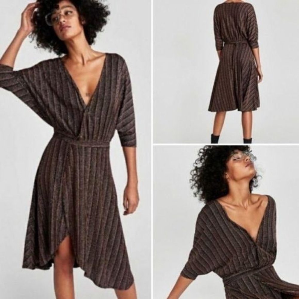 Zara Striped Sparkle Metallic Black Wrap Dress M